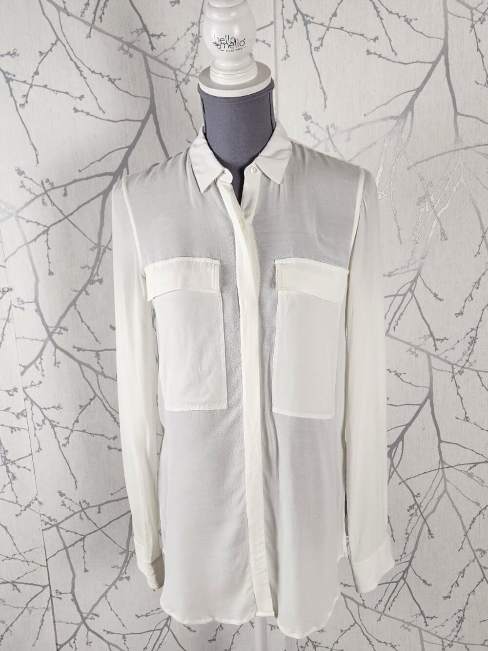 Helmut Lang Ivory Cupro Silk Blend Crinkle Sheer Blouse